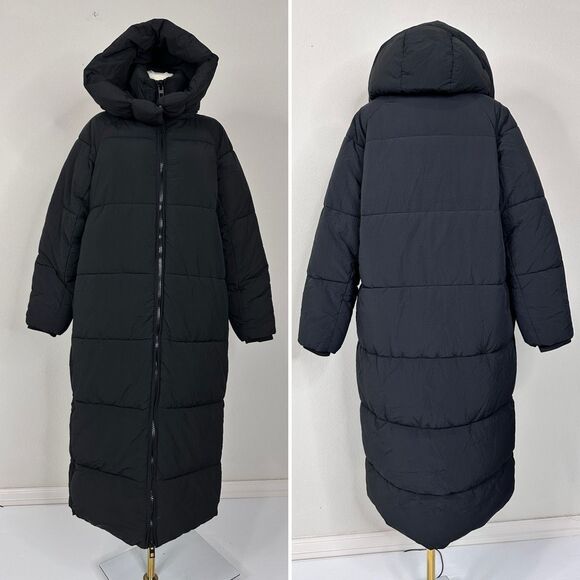 ZARA TRF Extra Long Black Puffer Coat Hooded Maxi Down Jacket S Water Repellent - Picture 5 of 16